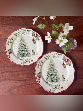 Better Homes Heritage Winter Forest Salad Plates Bunny Rabbit 🐇 Tree Set Of 2